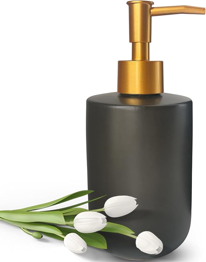 Black Liquid Soap Dispenser for Bathroom with Golden Pump,Refillable Dish Dispenser for Kitchen， Countertop Lotion Ceramics Hand Dispenser 420ml(Cylindrical Black Bottle)