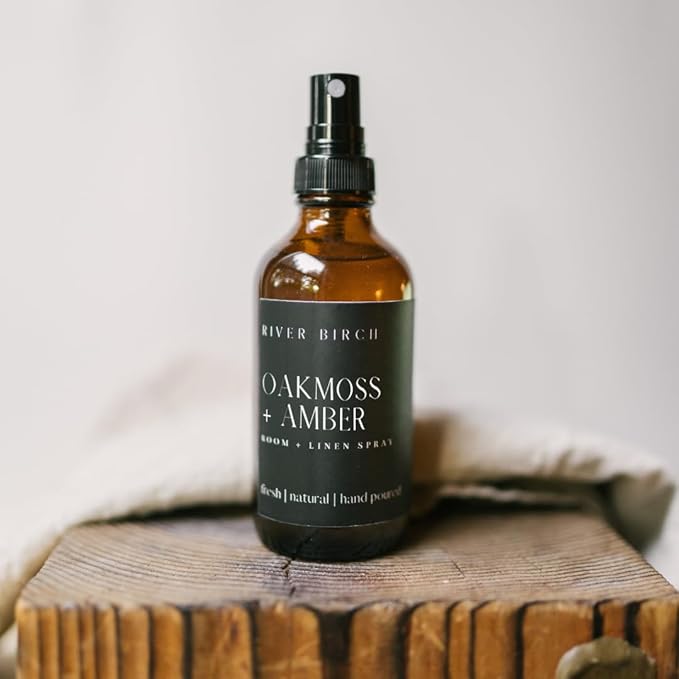 River Birch Oakmoss + Amber Scented Linen and Room Spray | Home Fragrance | 4 oz Glass Amber Bottle | Luxury Signature Scent | Handmade in Texas