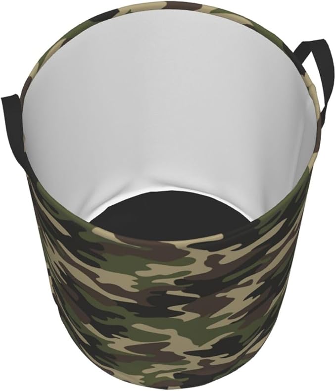 Green Camouflage Laundry Hamper Bag With Waterproof Liner - Military Camo Round Laundry Basket Foldable Clothes Storage Organizer For Bathroom Bedroom Nursery Dorm, M-19.6"X 15.7"