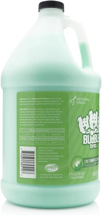 Bubble Bros. 2 in 1 Dog Shampoo and Conditioner for Pets, Gallon - Naturally Derived Ingredients, Eliminates Smelly Pet Odors, Moisturizes and Nourishes, Cleans and Conditions, Bulk Refill Size 128 oz