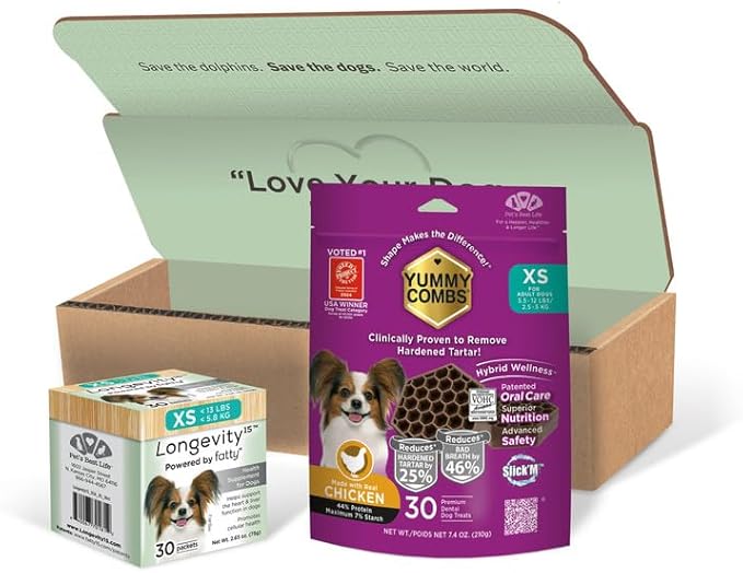 Longevity15 C15:0 Dog Health Supplement (30-Day Supply) & Yummy Combs Dog Dental Treats (8oz Bag) for Extra Small Dogs – C15:0 Fatty Acid for Daily Wellness, Food Topper – VOHC Approved Oral Care