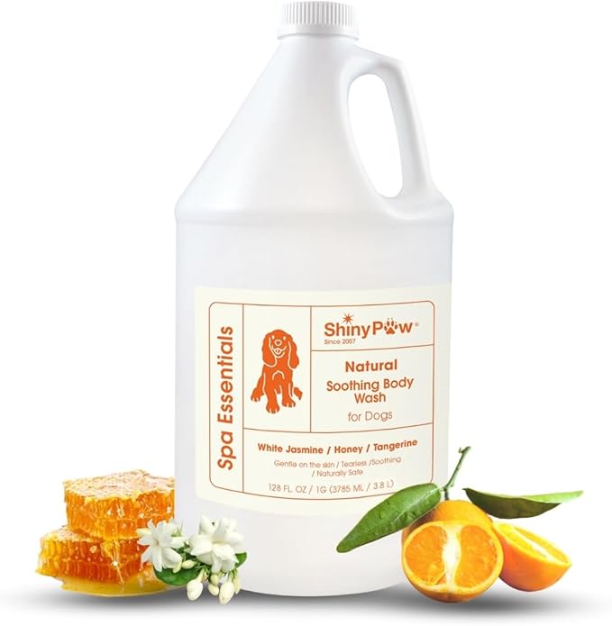 Jasmine & Honey Spa Body Wash for Dogs by Shiny Paw | Dog Itchy Skin Relief & Aging Coat | Hypoallergenic Dog Shampoo for Smelly Dogs | Made in USA (128 oz, White Jasmine, Honey & Tangerine)