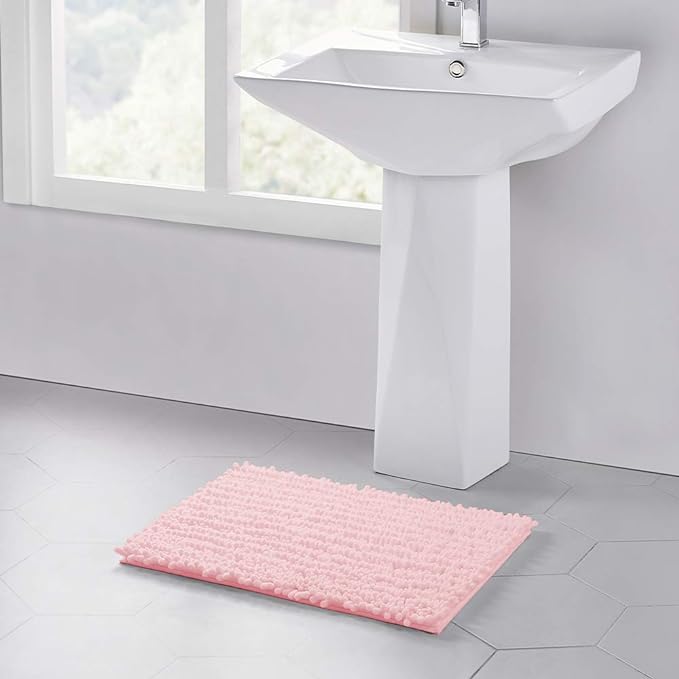 Walensee Bathroom Rug Non Slip Bath Mat (24x17 Inch Blush) Water Absorbent Super Soft Shaggy Chenille Machine Washable Dry Extra Thick Perfect Absorbant Best Small Plush Carpet for Shower Floor