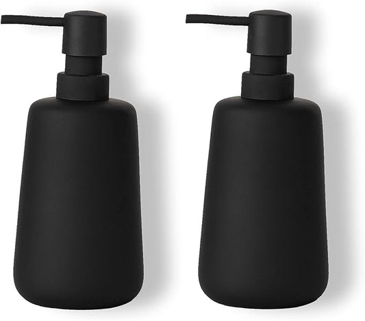 2 Pack Matte Black Ceramic Soap Dispenser, 13 oz Refillable Bathroom or Kitchen Countertop Dispenser with Soft Touch Rubber Coating