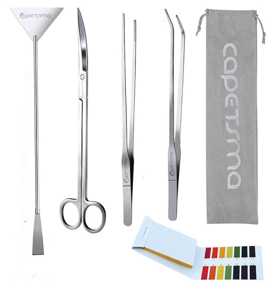 Capetsma Aquascape Long Stainless Steel Plant Tools Set - Aquarium Tweezers, Scissors, Spatula, Algae Scrapers - Fish Tank Cleaning Kit
