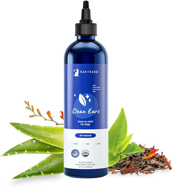 kin+kind Dog Ear Cleaner Solution – Organic Dog Ear Wash & Easy-to-Use Ear Drops for Dogs – Cleans Wax, Dirt & Odor – Gentle Ear Cleaning w/Witch Hazel, Aloe Vera & Tea Tree Oil – 12 fl oz