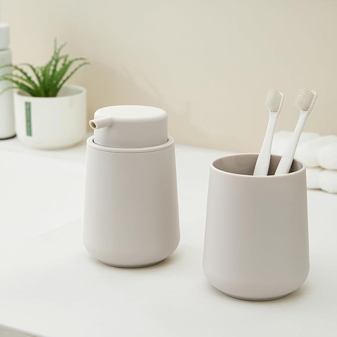 Matte Beige Foaming Hand Soap Dispenser Plastic 11 oz - Modern Minimalist Style for Bathroom & Kitchen Countertop Refillable