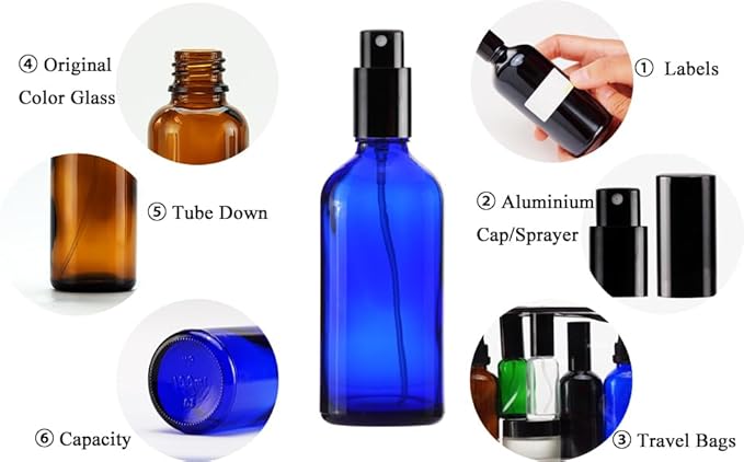 YIZHAO Blue Glass Spray Bottles 4oz, with Small Fine Mist Spray, Metal Cap, Refillable for Essential Oil,Travel,Cleaning,Perfume,Aromatherapy,Makeup – 4 Pcs