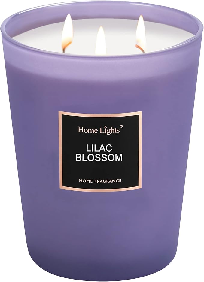 HomeLights Highly Scented Soy Candles Big 33.3 oz for Home. 3 Cotton Wicks, Smokeless Long Lasting 130 hrs in Lilac Blossom. 5x6, Great Gift for Women & Men
