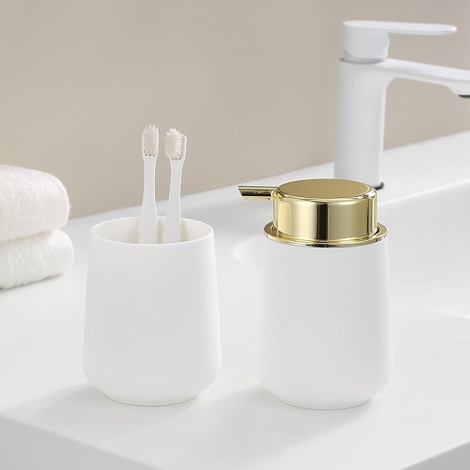 Matte White and Gold Foaming Hand Soap Dispenser Plastic 11 oz - Modern Luxury Style for Bathroom & Kitchen Countertop Refillable