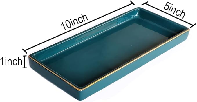 10 x 5 Ceramic Bathroom Tray for Countertop, Decorative Vanity Tray for Dresser Tops, Small Rectangular Trays for Perfume, Candle, Jewelry, Cosmetics (Green)
