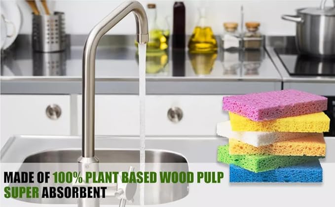 Compressed Cellulose Kitchen Sponges – 100% Natural, Biodegradable & Eco-Friendly – Space-Saving, Non-Scratch Cleaning Sponges for Dishes, Counters & More – 12 Pack