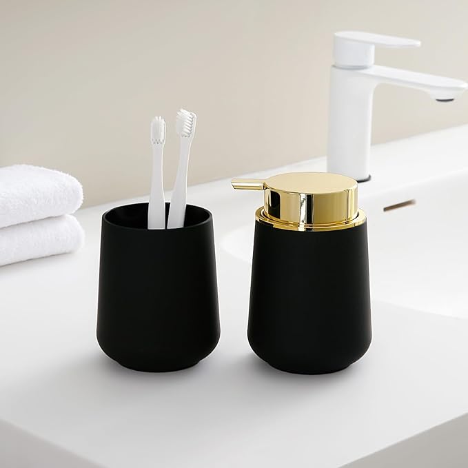 Matte Black and Gold Liquid Hand Soap Dispenser Plastic 11 oz - Modern Luxury Style for Bathroom & Kitchen Countertop Refillable