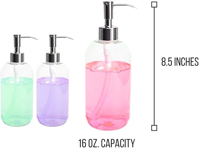 Clear Plastic Soap Dispenser Pump Bottles – 3 Pack, 16 Oz – Refillable Hand Soap Dispensers for Bathroom or Kitchen, BPA-Free Boston Round Pump Bottles for Liquid Soap, Dish Soap, Lotion