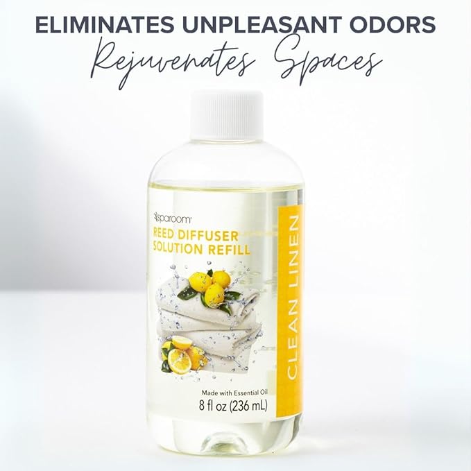 SpaRoom Reed Diffuser Oil Refill – Clean Linen Scent, 8oz Crisp and Refreshing Blend with Lemon Accents, Light and Airy Aroma for Bathroom, Bedroom, or Living Room, Long Lasting Fresh Scent