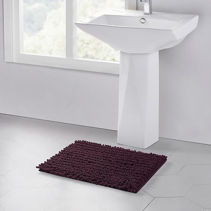 Walensee Bathroom Rug Non Slip Bath Mat (24x17 Inch Burgundy) Water Absorbent Super Soft Shaggy Chenille Machine Washable Dry Extra Thick Perfect Absorbant Best Small Plush Carpet for Shower Floor