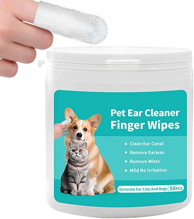 Ear Finger Wipes for Dogs & Cats,Dog Ear Cleaner Wipes Gently Remove Ear Wax, Debris, Natural Ingredients & Fresh Coconut Scent - 50 Count