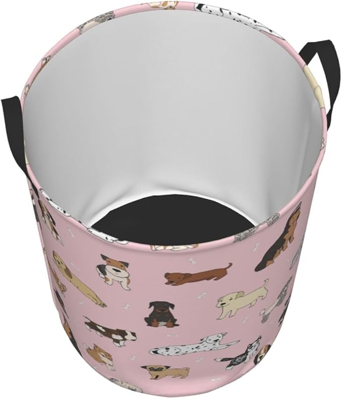 Cute Dogs Pink Laundry Hamper Bag With Waterproof Liner - Round Laundry Basket Foldable Clothes Storage Organizer For Bathroom Bedroom Nursery Dorm, S-16.5"X 13.8"