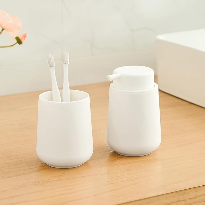 Matte Cream White Liquid Hand Soap Dispenser Plastic 11 oz - Modern Minimalist Style for Bathroom & Kitchen Countertop Refillable