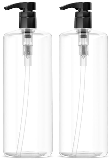 Bar5F Empty Shampoo Bottles with Pumps (2-Pack 32oz/1Liter/Large) BPA-Free PETE1 Plastic Bottle Crystal-Clear