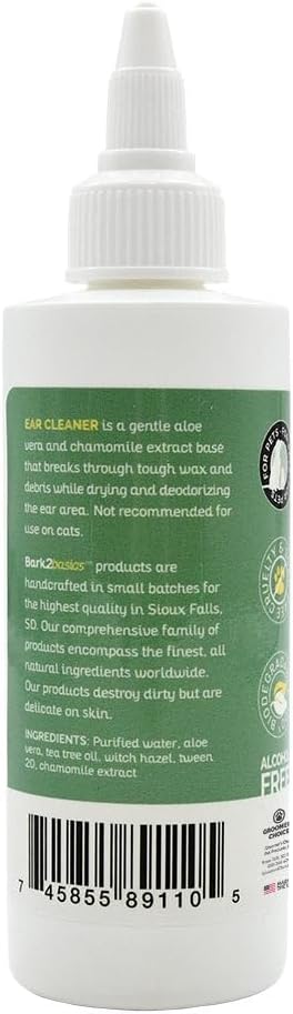 Bark2Basics Ear Cleaner for Dogs, 4 oz - All Natural, Witch Hazel, Alcohol Free, Gentle Aloe Vera and Chamomile Extract Base, Breaks Through Tough Wax