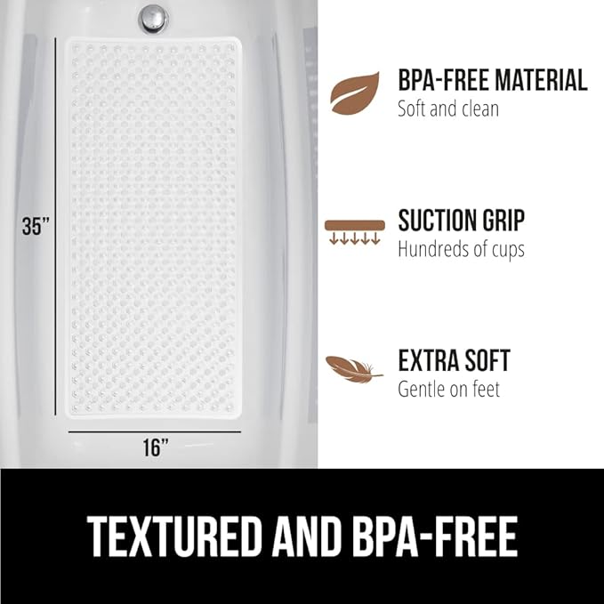 GORILLA GRIP Patented Bath Tub Shower Mat, 2 Pack, Machine Washable Bathtub Floor Liner Mats, Suction Cups and Drain Holes to Keep Tubs Clean, Soft on Feet, Bathroom Essentials, 35x16 Inch, White