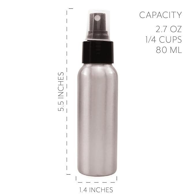 Cornucopia Brands 2-Ounce Aluminum Fine Mist Spray Bottles (6-Pack); Empty Mini Metal Atomizer Bottles, 2.75oz Travel/Purse/Sample Size