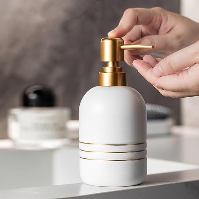 Elegant Cylinder-Shaped Soap Dispenser, Matte Ceramic Bottle Designed with Simple Golden Lines(White)