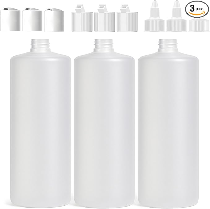 Bar5F 33.8oz 3-Pack Large HDPE Plastic Bottles with 9 Caps in 3 Styles | Pump, Squeeze, Squirt | Shampoo, Conditioner, Condiments, Ketchup, Bleach, Cleaners, Alcohol, Food Safe | BPA-Free, 1 Liter