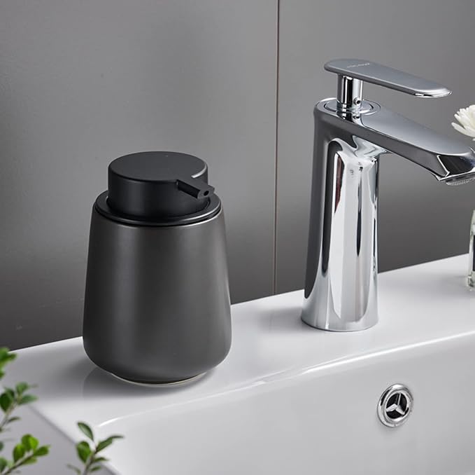 12Oz Black Soap Dispenser - Modern Ceramic Lotion Hand Soap Dispenser with Easy-to-Press Black Pump, Reusable and Refillable Liquid Dish Soap Dispenser for Bathroom & Kitchen
