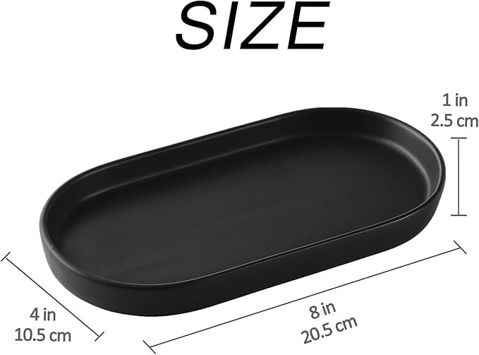 2 Pack Matte Black Round Soap Dispenser Tray - 8'' Ceramic Vanity Tray & Organizer Plate Set, Bathroom & Kitchen Countertop Decor for Soap Dispenser, Jewelry, Cosmetics, Sink