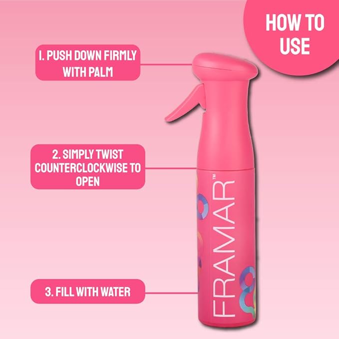 FRAMAR Premium Hair Mister Spray Bottle – Continuous Spray Bottle For Hair, Water Sprayer, Continuous Mister for Salon Supplies – Ultra Fine Mist – Pink 250 ml