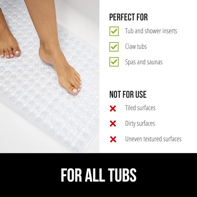 GORILLA GRIP Patented Bath Tub Shower Mat, Machine Washable Bathtub Floor Liner Mats, Suction Cups and Drain Holes to Keep Tubs Clean, Soft on Feet, Bathroom Essentials, 35x16 Inch, Clear