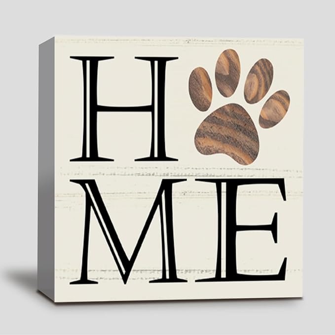 Dog Decor for The Home, Paw Print Home Pet Decor Wood Box Sign Block for Bedroom Shelf Tabletop Office Farmhouse, Dog Lovers Gift 5 x 5 Inch