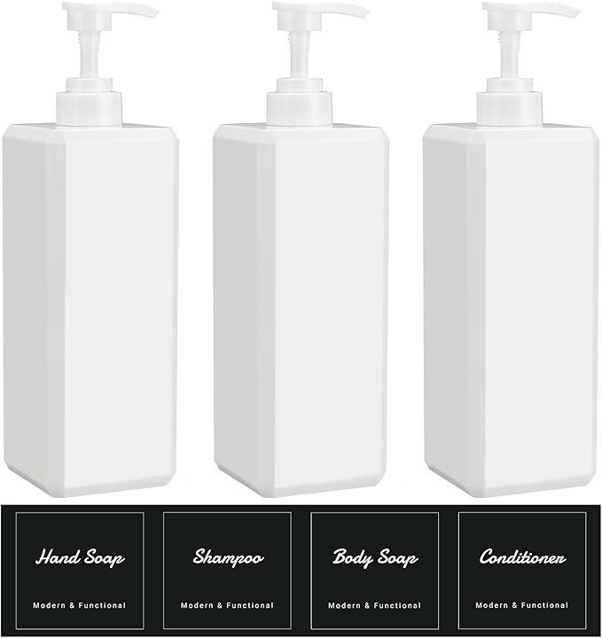 Suream 33.8 oz Refillable Pump Dispenser Bottle, 3Packs Large Shower Bottle Organizer with 4PCS Lables for Shampoo, Body Soap, Hand Soap, Conditioner, for Bathroom, Kitchen, Hotel, Salon, SPA