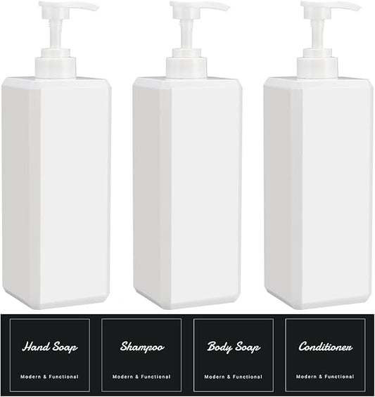 Suream 33.8 oz Refillable Pump Dispenser Bottle, 3Packs Large Shower Bottle Organizer with 4PCS Lables for Shampoo, Body Soap, Hand Soap, Conditioner, for Bathroom, Kitchen, Hotel, Salon, SPA