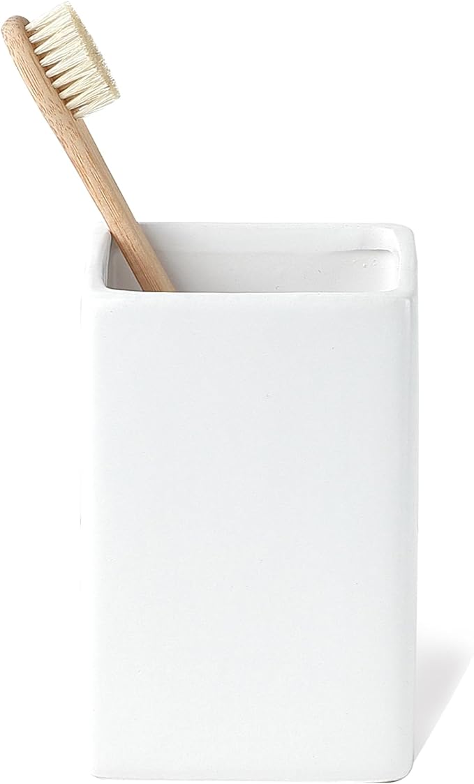 White Ceramic Toothbrush Holder - Square Bathroom Toothbrush Holder, Toothbrush Cup Holder Aesthetic Toothpaste Holder, Modern Family Size Toothbrush Organizer, Bathroom Tumbler Cup