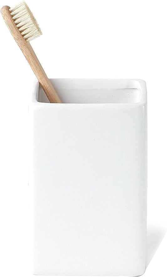 White Ceramic Toothbrush Holder - Square Bathroom Toothbrush Holder, Toothbrush Cup Holder Aesthetic Toothpaste Holder, Modern Family Size Toothbrush Organizer, Bathroom Tumbler Cup