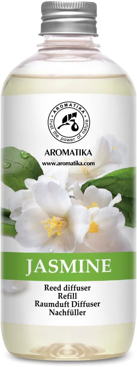 Jasmine Reed Diffuser Refill w/Natural Essential Jasmine Oil 17 Fl Oz - Fresh & Long Lasting Fragrance - Scented Reed Diffuser Oil Refill - Best for Aromatherapy - SPA - Home