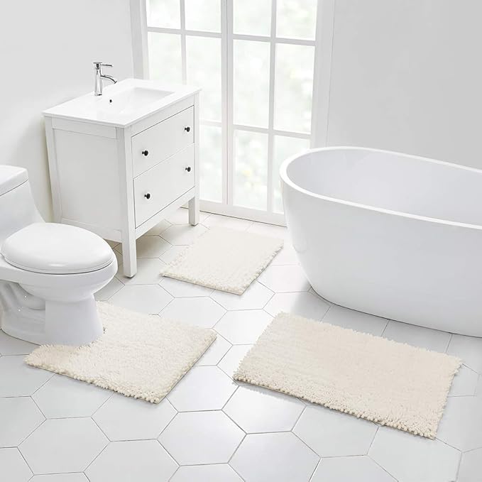 Walensee Bathroom Rug Non Slip Bath Mat (44x24 Inch Ivory) Water Absorbent Super Soft Shaggy Chenille Machine Washable Dry Extra Thick Perfect Absorbant Best Large Plush Carpet for Shower Floor