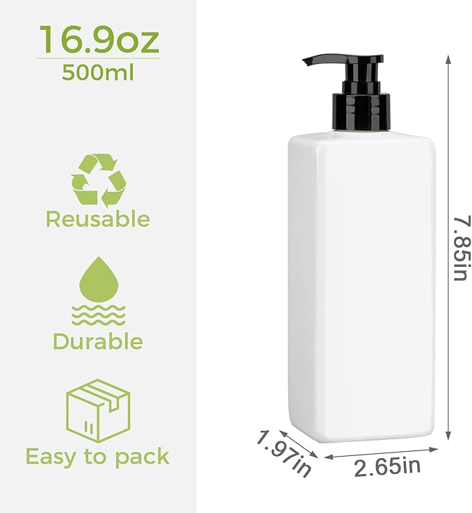 Suream 3Pack Empty Plastic Bottles with Pump, 16.9oz Refillable Shampoo Bottles for Shower, Lotion Press Dispenser, White Countertop Container for Shampoo, Conditioner, Body Soap, Hand Sanitizer, Oil