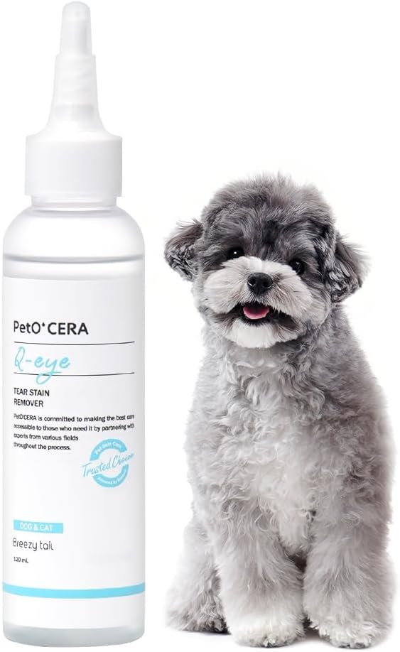 Breezytail PetO’Cera Q-Eye, Tear Stain Remover for Dogs and Cats, Removes Discharge, Dirt, Crust, Mucus, Soothes, Deodorizes, Vet Approved, Hypoallergenic Eye Cleaner (4 fl oz/120ml)