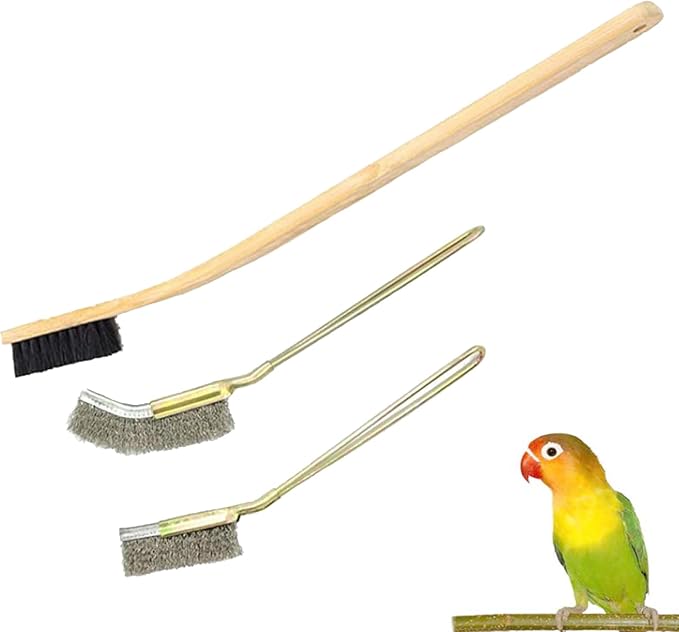 QBLEEV 3 Pack Bird Cage Brush, Wooden & Stainless Steel Long Handle Bird Cage Cleaner Brush, Poop Off Bird Cage Cleaning Brushes, Bird Cage Scraper Parrot Poop Remover Accessory