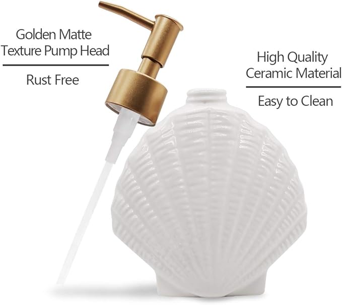 Shell-Shaped Soap Dispenser White Ceramic Lotion Bottle with Golden Matte Pump Home Décor for Bathroom Kitchen