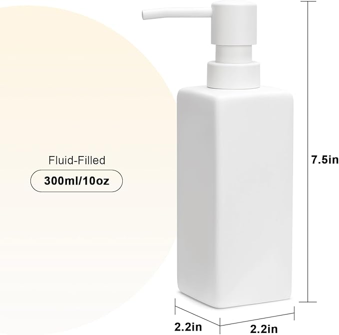 Ceramic 2Pcs White Soap Dispenser with Rust-Proof Plastic Pump for Bathroom 10oz Liquid Hand Soap Dispenser for Kitchen