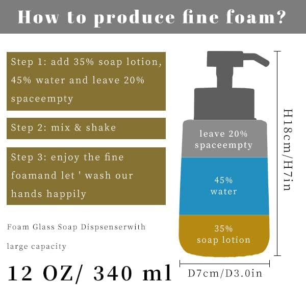 Easy Tang Glass Foaming Soap Dispenser with Black Pump, 12 OZ Vintage-Inspired Modern Glass Refillable Bottle, Hand Soap for Bathroom Countertop and Kitchen