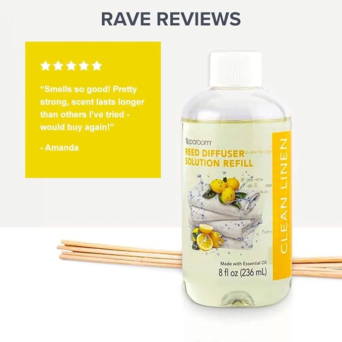 SpaRoom Reed Diffuser Oil Refill – Clean Linen Scent, 8oz Crisp and Refreshing Blend with Lemon Accents, Light and Airy Aroma for Bathroom, Bedroom, or Living Room, Long Lasting Fresh Scent