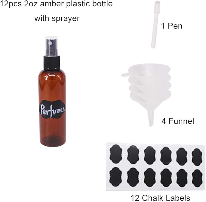 24 Pack 2oz Amber Plastic Spray Bottles For Essential Oils, Perfumes, Cosmetics, Alcohol, Fine Mist Spray Bottle, Mini Travel Bottle, Small Refillable Liquid Containers