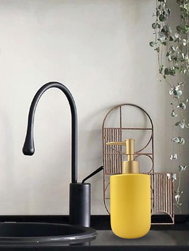 Liquid Soap Dispenser for Bathroom with Gold Pump，Dish Soap Dispenser for Kitchen,Refillable Countertop Lotion Ceramics Yellow Hand Soap Dispenser for Shower 420ml (Cylindrical Yellow Bottle)