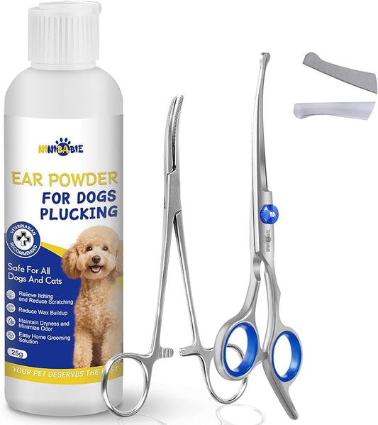 Dog Ear Hair Removal Kit - Ear Powder,Blunt Tip Grooming Scissors&Tweezers Set - Safe Hair Plucking Tool for Dogs,Ear Cleaner for Itching,Infection Treatment for Poodles, Doodles